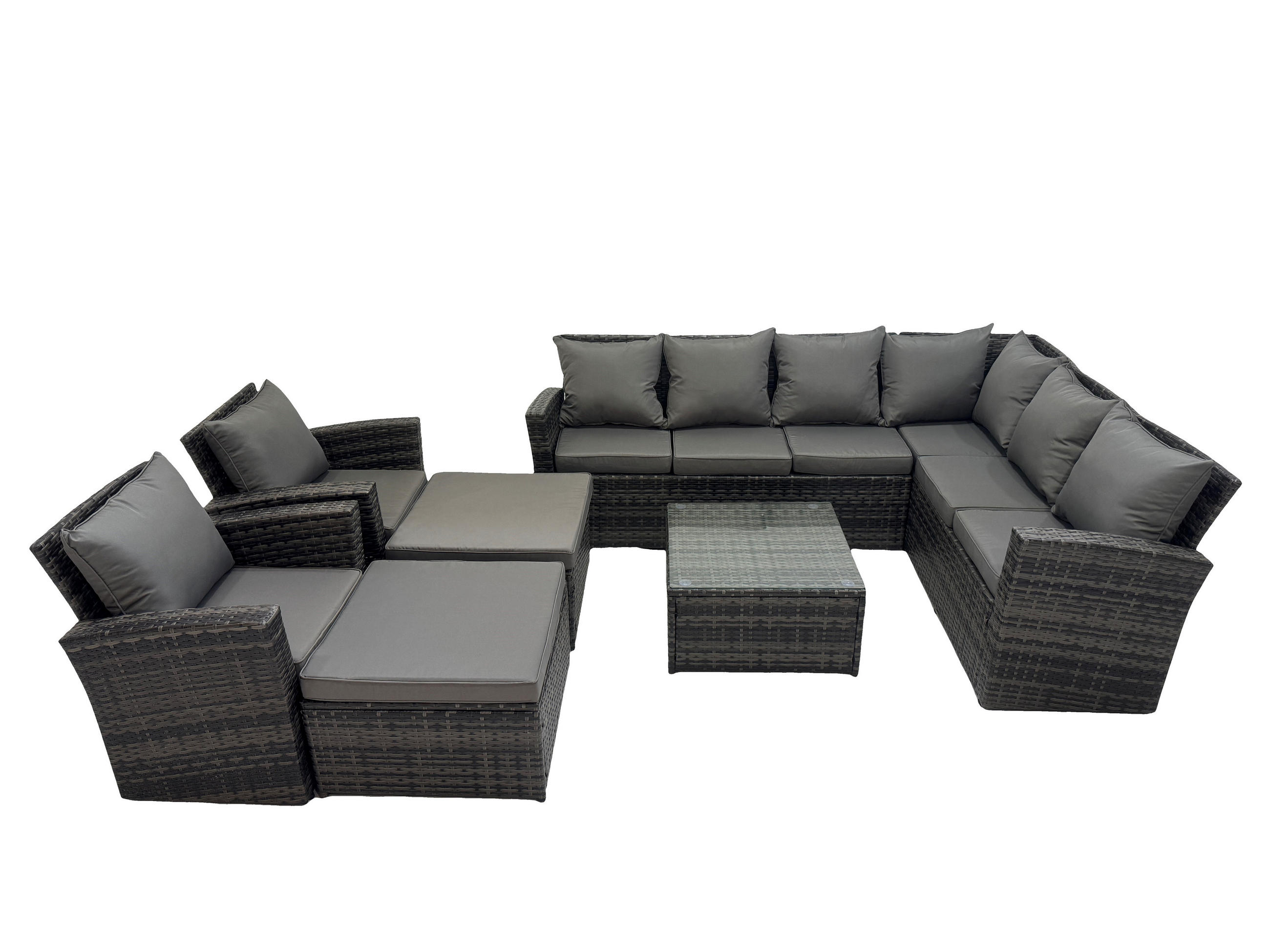 LOUNGEGARNITUR mit Couchtisch Sofa Polyrattan Dunkelgrau 10-Sitzer - Dunkelgrau/Grau, Glas/Kunststoff - Fimous