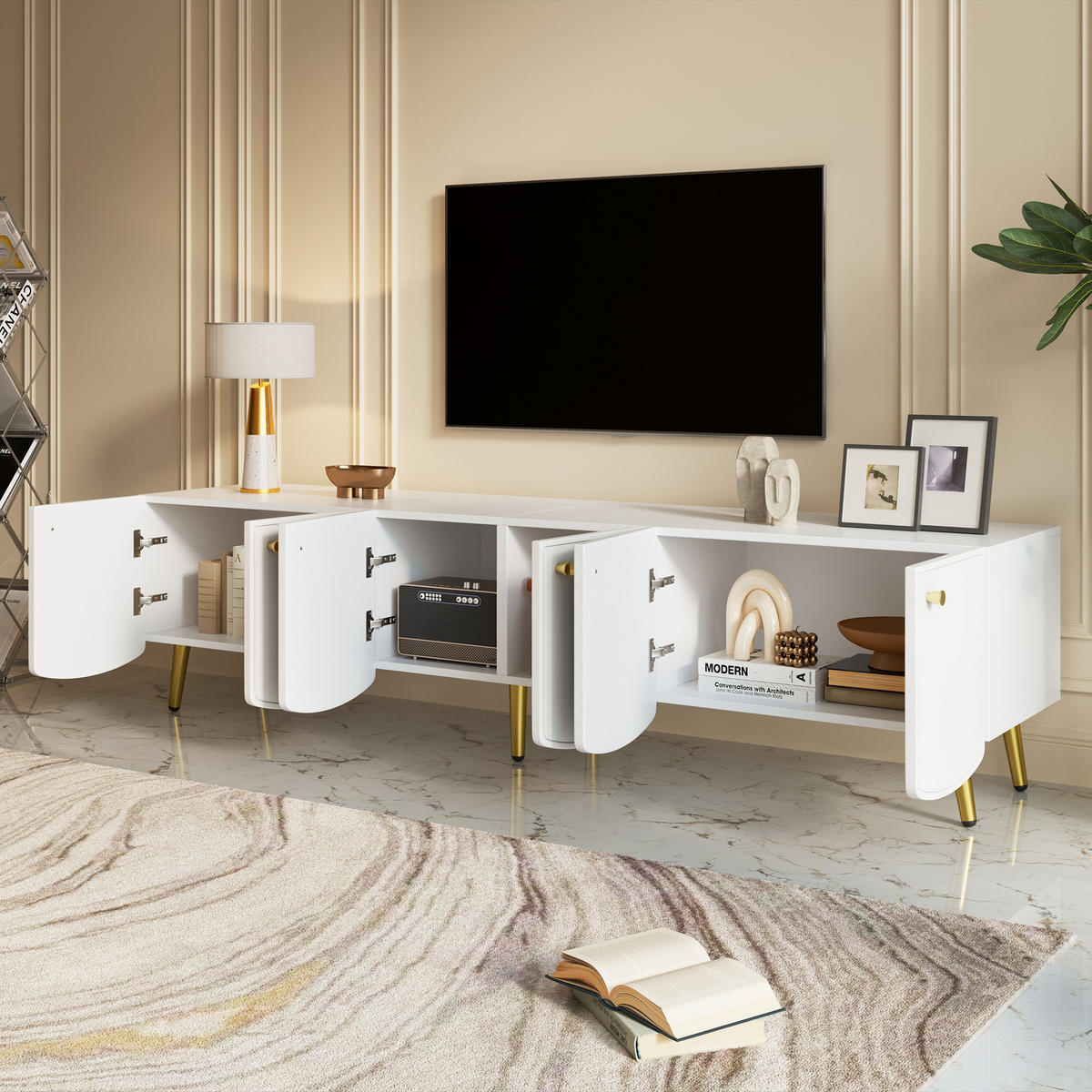 TV-LOWBOARD 180cm 6 Türen Gold Beine Weiß Modern - Multicolor, Holzwerkstoff (180/45/40cm) - FLIEKS