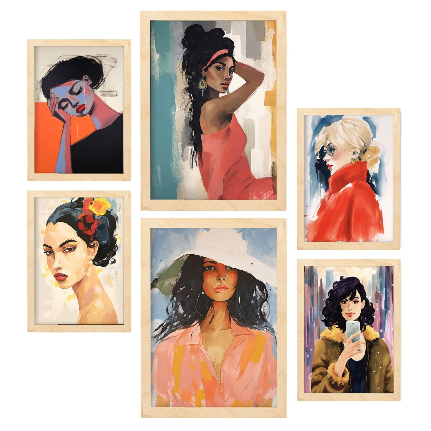 POSTER Set Mit 6 Zuversichtlich In Damenplakat A3 & A4 Rahmen Aus Hellem Holz - Beige, Papier (29/3cm) - Nacnic