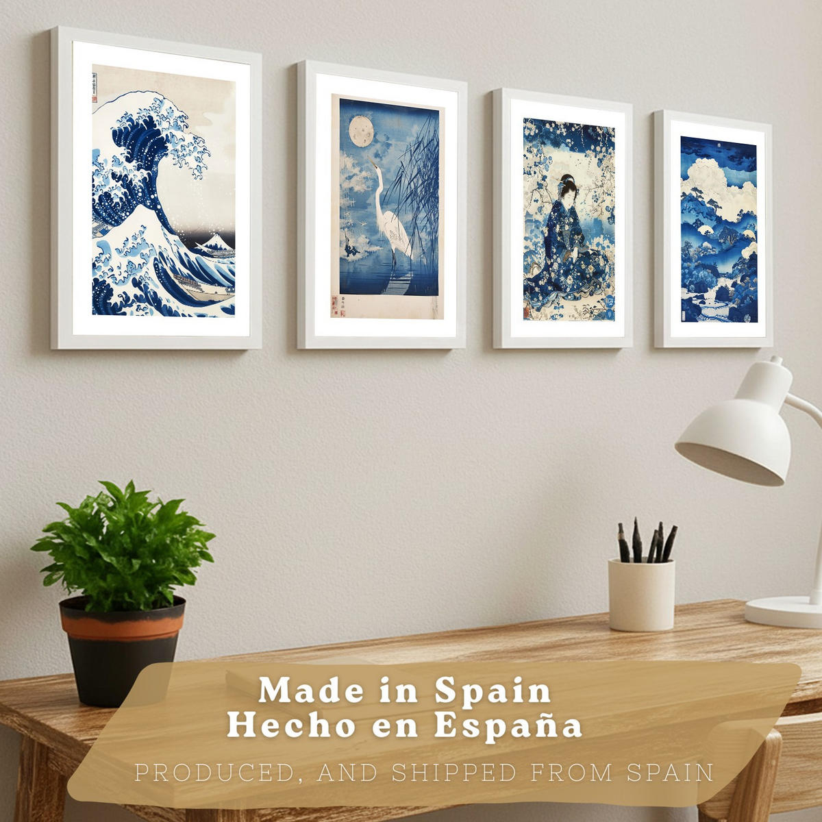 PLAKAT Sada 4 Japan Blue A3 Bílý rám - bílá, papír (29.7/1/42cm) - Nacnic