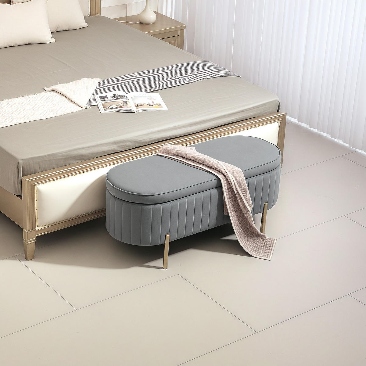 TRUHENBANK DE-16428 oval mit Samtbezug und Stauraum Grau - Grau, Textil (108/43.5/44cm) - ComfortXL