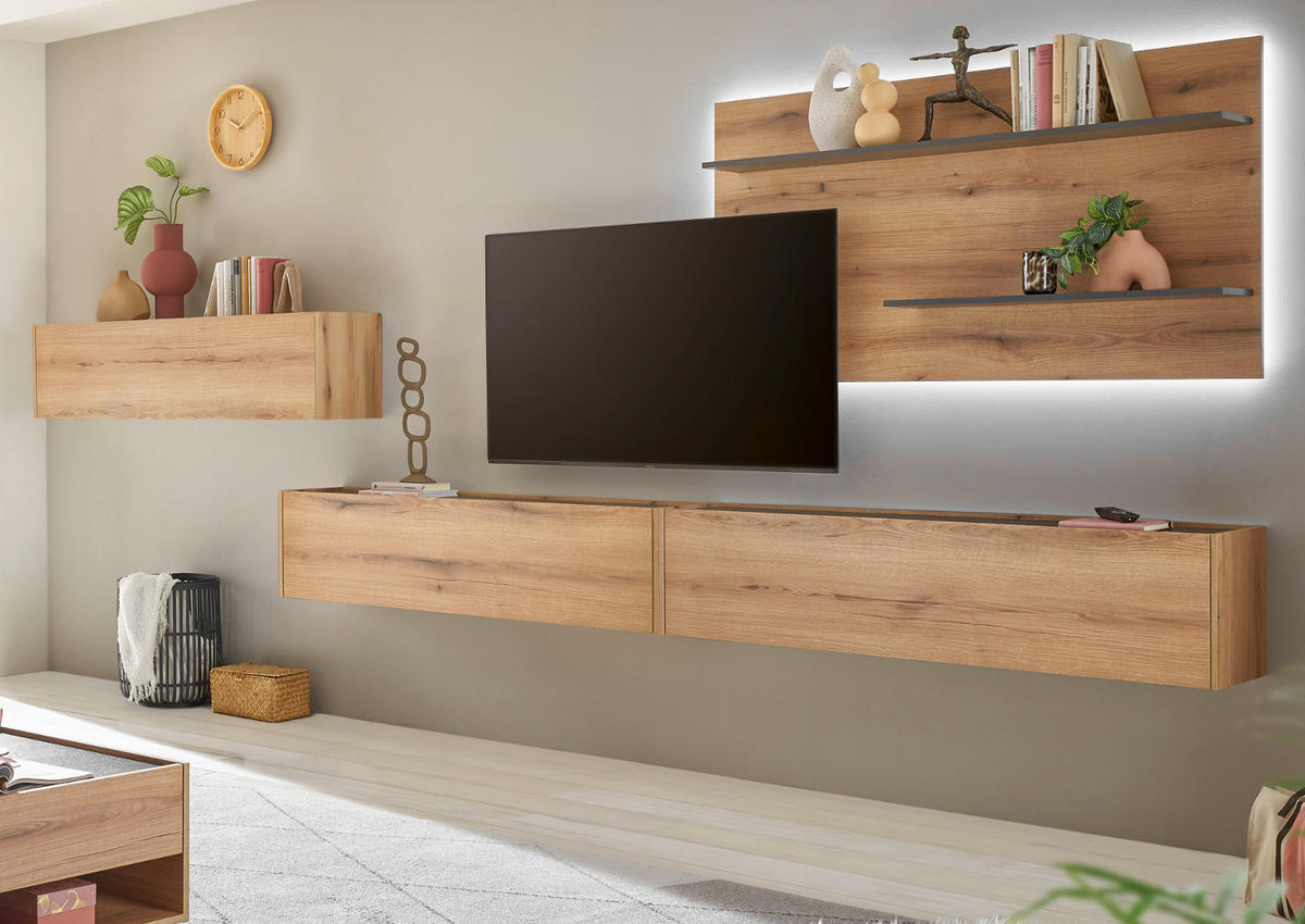 WOHNWAND Evoke Eiche, grau, Set 4-teilig mit XXL-TV-Schrank, 400 cm - Eichefarben/Grau, Holz/Holzwerkstoff (400/180/30cm) - Furn.Design