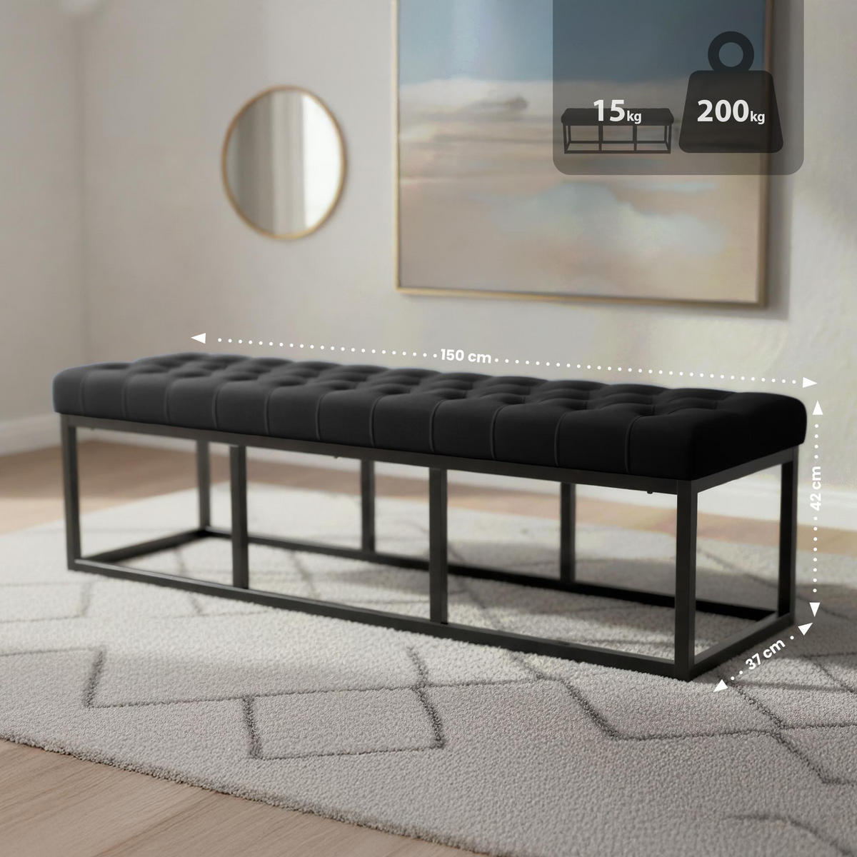 SITZBANK 150/37 cm Samt Schwarz - Schwarz, Textil/Metall (150/42/37cm) - CLP