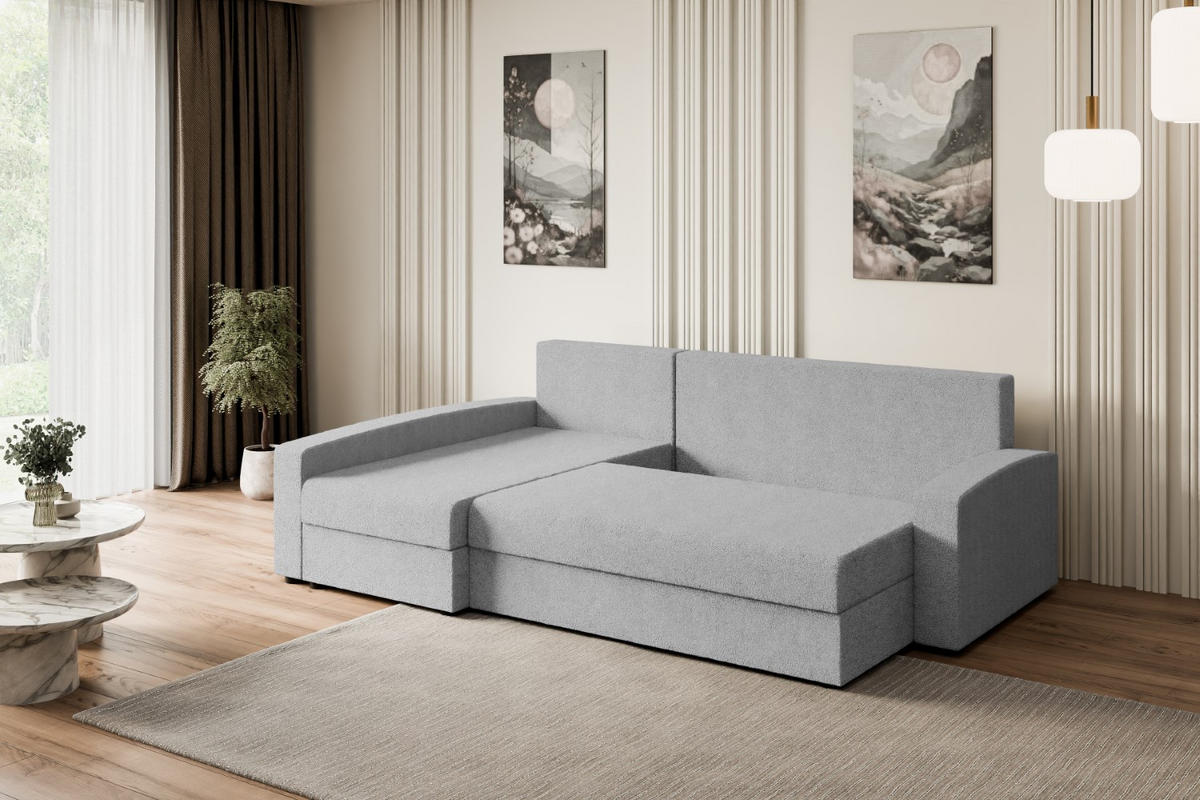 ECKSOFA mit Schlaffunktion und Bettkasten ALESIA-L 231x140x90 cm Grau Bouclé - Silberfarben/Hellgrau, Holzwerkstoff/Kunststoff (231/140cm) - ALTDECOR