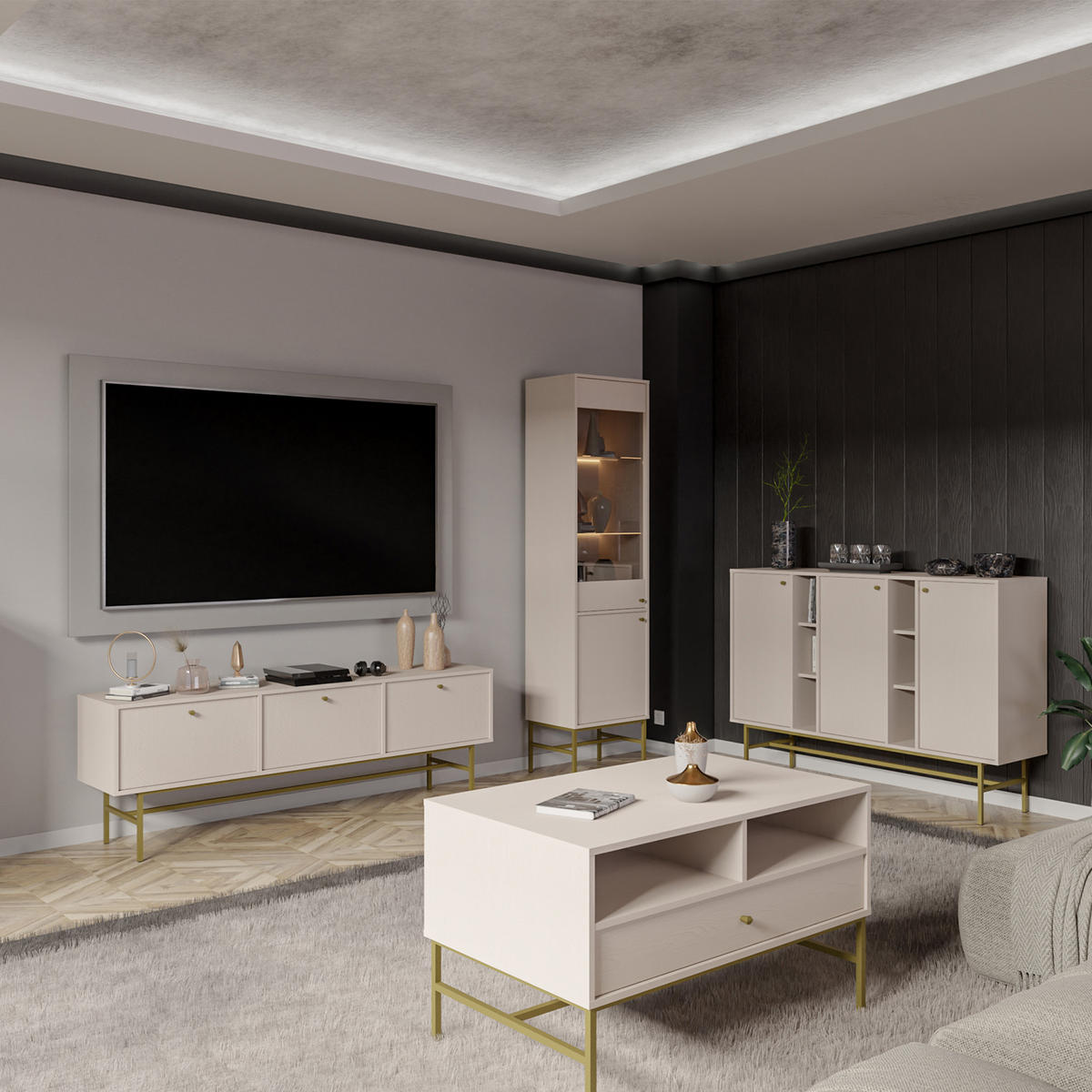 TV-LOWBOARD FLOREN, Creme/Gold - Creme, Holzwerkstoff/Metall (180/62.5/40.8cm) - KONSIMO®