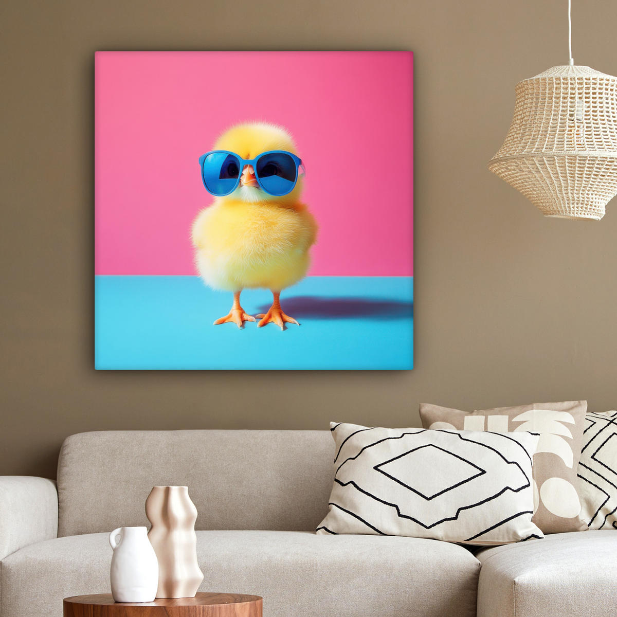 LEINWANDBILD Chick - Sonnenbrille - Blau Deko Groß 90x90 cm - Pink/Gelb, Textil (90/90cm) - MuchoWow