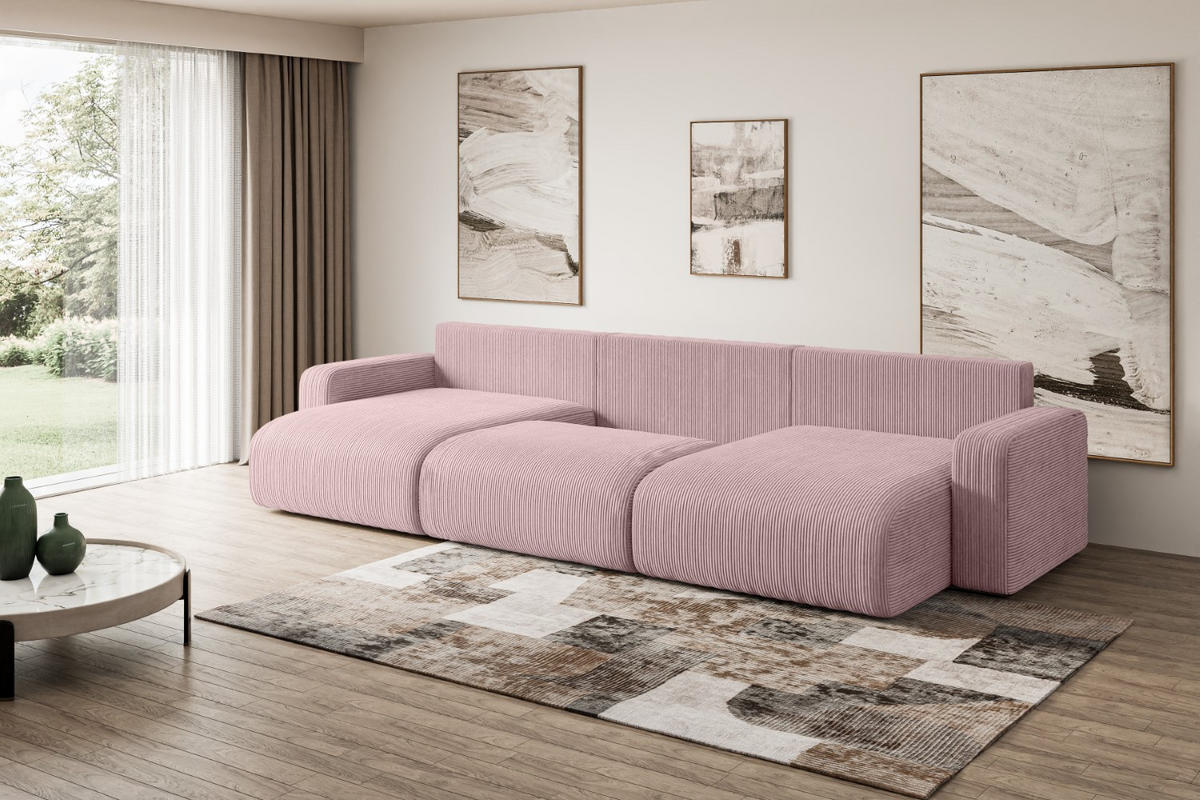 WOHNLANDSCHAFT mit Schlaffunktion und Bettkasten KLEEA-U - 347x143x83 cm Rosa Cord - Schwarz/Rosa, Holzwerkstoff/Kunststoff (347/83/143cm) - ALTDECOR