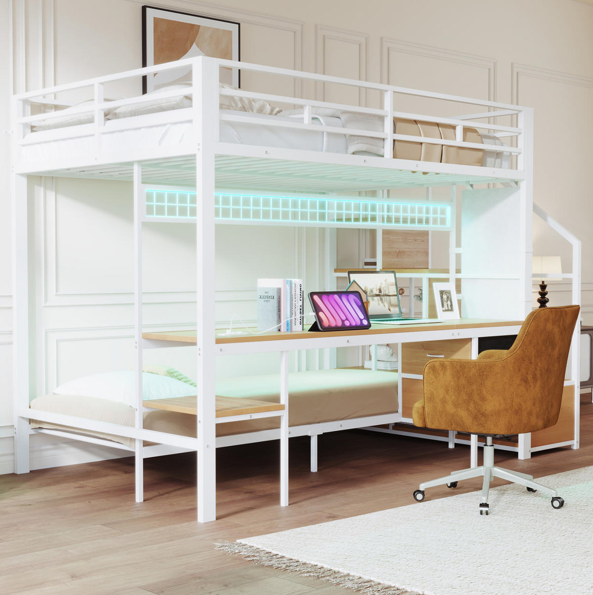 VISOKI krevet 140/200 i 90/200 cm s radnim stolom, LED osvjetljenjem i prostorom za pohranu, Bijela - bijela, metal (140/200cm) - Redom