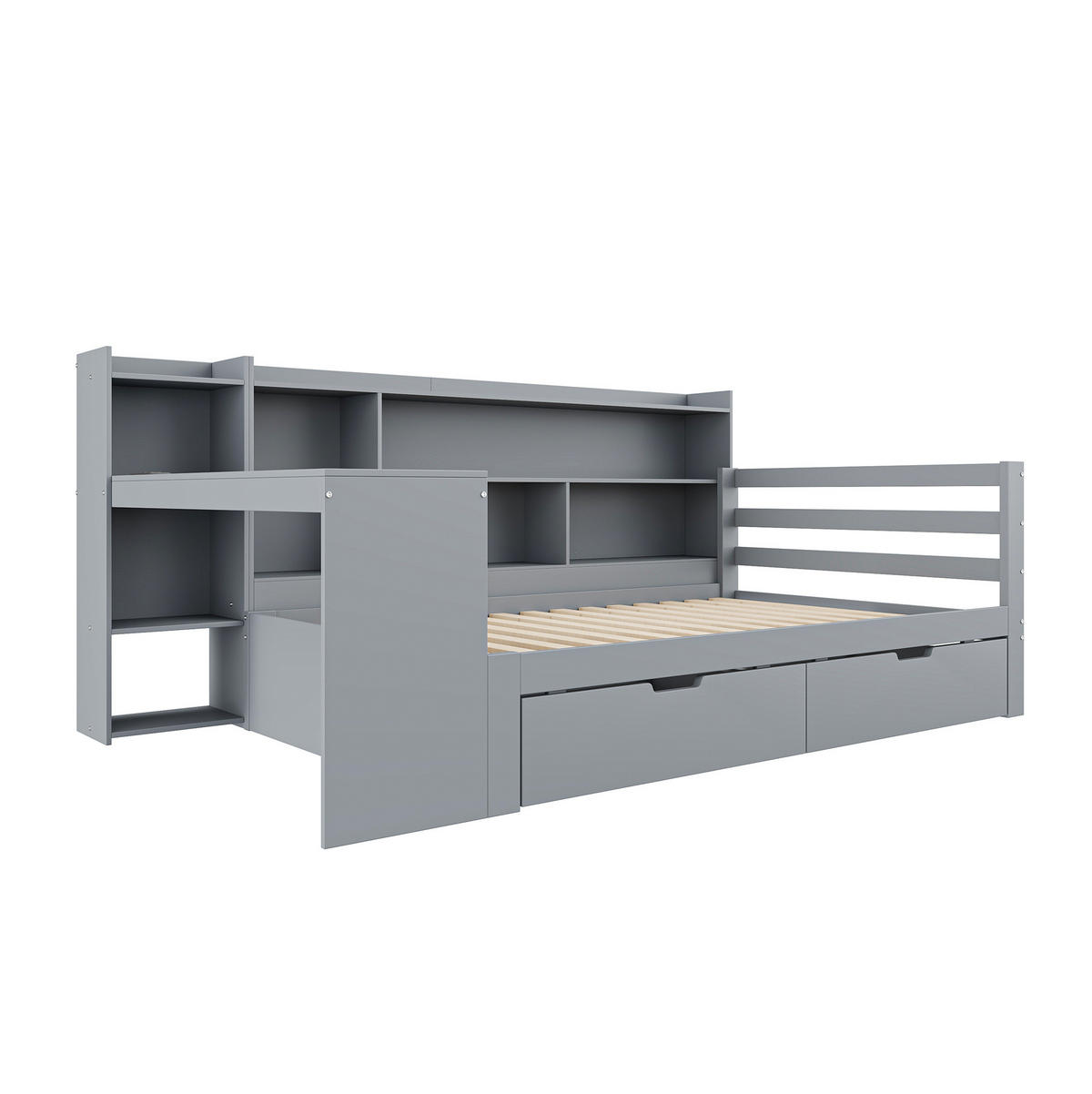 BETT 90/200 cm Grau aus Holz mit Schreibtisch und Stauraum - Grau, Holz (90/200cm) - OKMYHOME