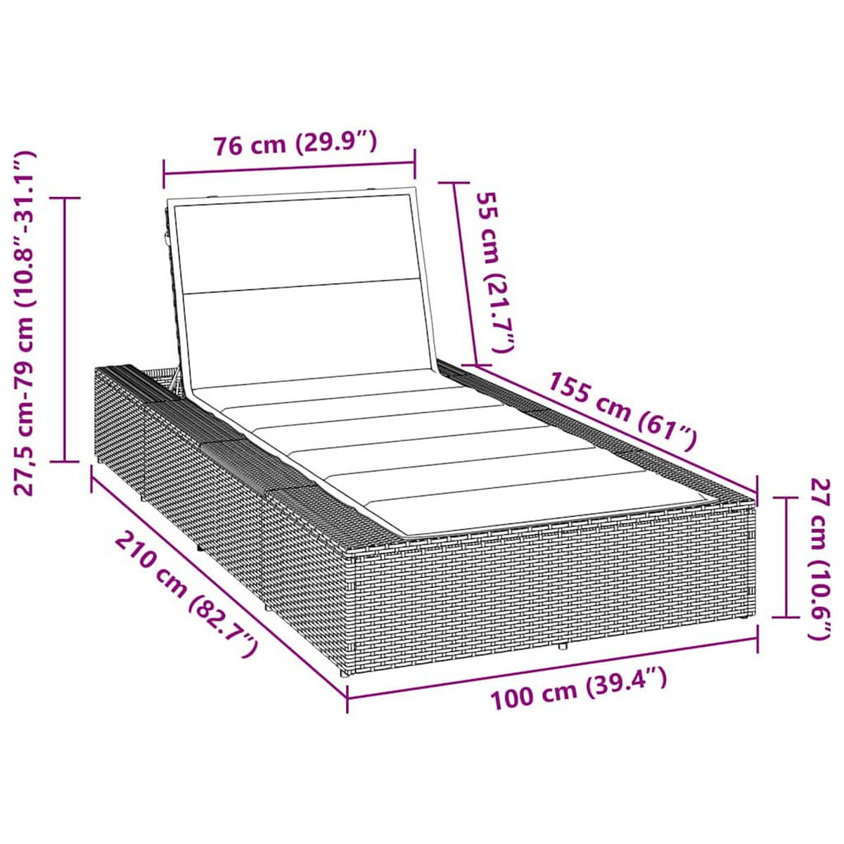 SONNENLIEGE Mit Schwebender Auflage Grau Poly Rattan - Grau, Kunststoff (210/79/100cm) - vidaXL