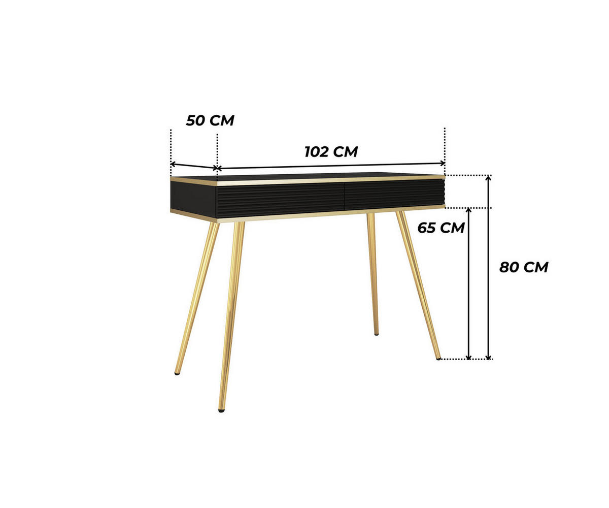 KONSOLENTISCH FORNO (Schwarz, Rillenfront, Goldene Details, 2 Schubladen, goldene Metallfüße, 102 cm) - Gelb/Goldfarben, Holz/Holzwerkstoff (50/102/80cm) - Ravio