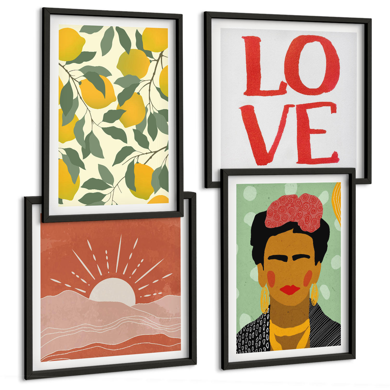 BILDER SET 4er Set - 50x50 cm & 40x60 cm Schwarzer Rahmen - Zitronen Inschrift Liebeslandschaft Frida - Schwarz, Kunststoff (50/50cm) - TULUP