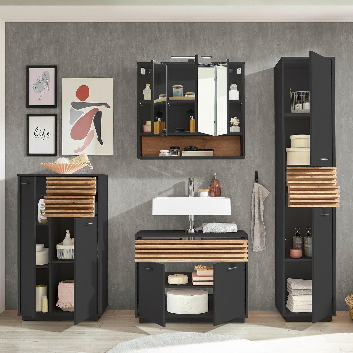 WASCHBECKENUNTERSCHRANK - Anthrazit, Holzwerkstoff (80/64/40cm) - home24