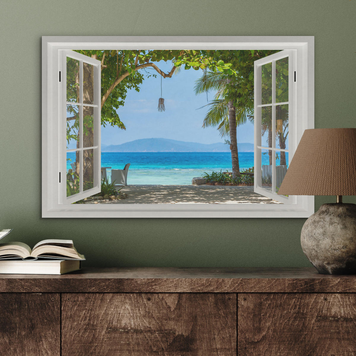 AKUSTIKBILD Aussicht - Baum - Meer - Palme - Hügel - Strand - Blau Wanddeko 70x50 cm - Blau, Kunststoff (70/50/0.9cm) - MuchoWow