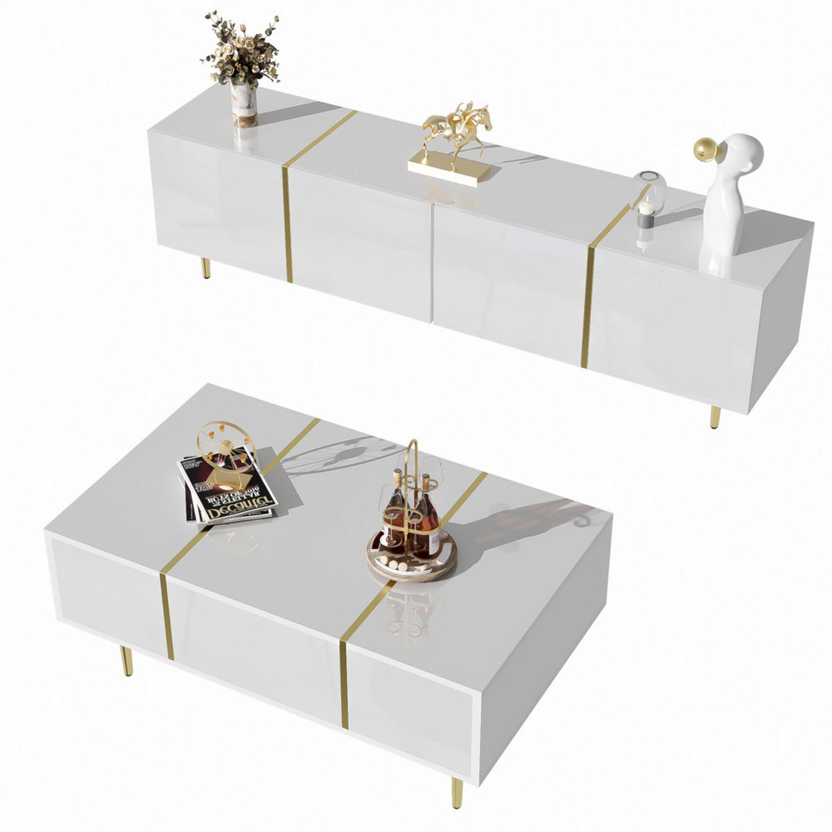 TV-SCHRANK SET Modern Hochglanzweiß mit Couchtisch - Weiß, Holz (69.6/14.99/112.4cm) - FLIEKS