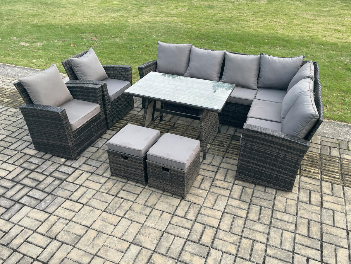 LOUNGEMÖBEL-SETS mit Esstisch Sofa Polyrattan Dunkelgrau 10-Sitzer - Dunkelgrau/Grau, Glas/Kunststoff - Fimous