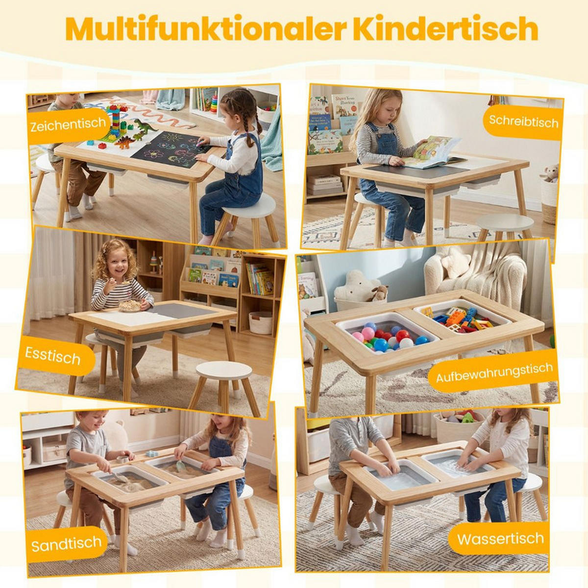KINDERSPIELTISCH Runder natur(3-tlg) - Naturfarben, Holz (81/50/58cm) - COSTWAY