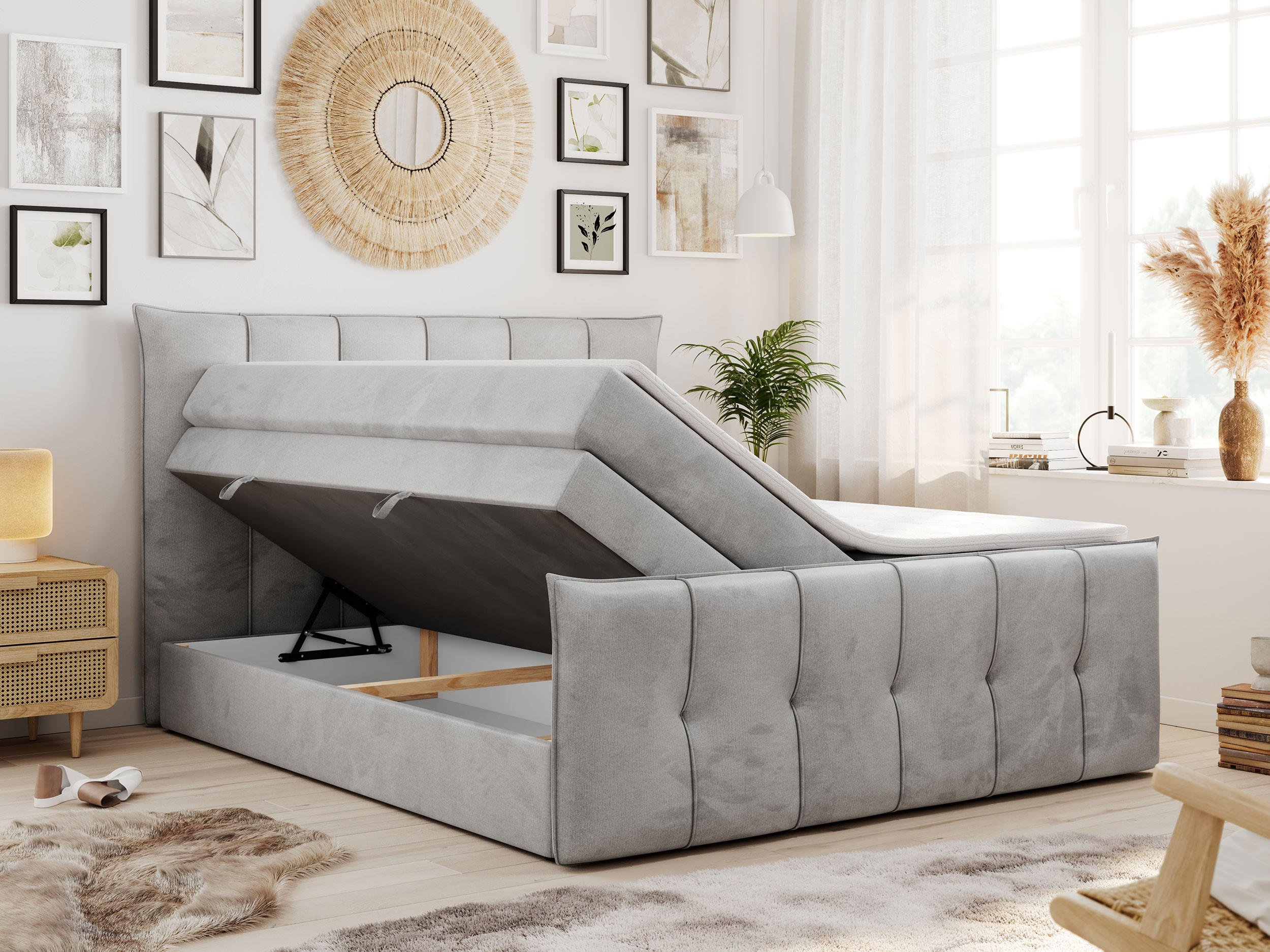 Thumbnail - MKS Boxspringbett, Hellgrau, Textil, 2-Sitzer, H3, Rechteckig, 160x200 cm, Schlafzimmer, Betten, Boxspringbetten