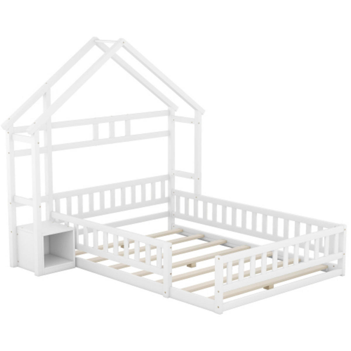 HAUSBETT 140 × 200 cm aus massivem Kiefernholz mit hohem Sicherheitsgeländer und Nachttisch, weiß - Weiß, Holz - Luhomfu