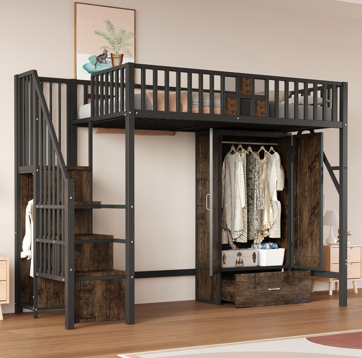 HOCHBETT 90/200 cm mit Kleiderschrank, Aufbewahrungsleiter und Schublade aus Metall und Holzwerkstoff, Schwarz - Schwarz, Metall (90/200cm) - Redom
