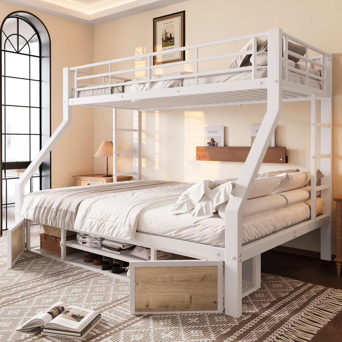 ETAGENBETT 90x200cm + 140x200cm Weiß Kinderbett Schuhschrank EN747 - Weiß, Metall (140/200cm) - FLIEKS