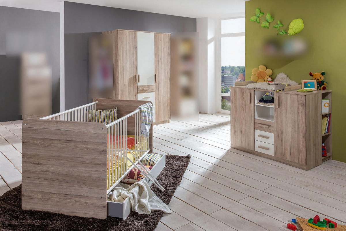 BABYZIMMER Cariba in Eiche San Remo und Weiß 7 teilig - Braun, Holzwerkstoff (120/200/80cm)