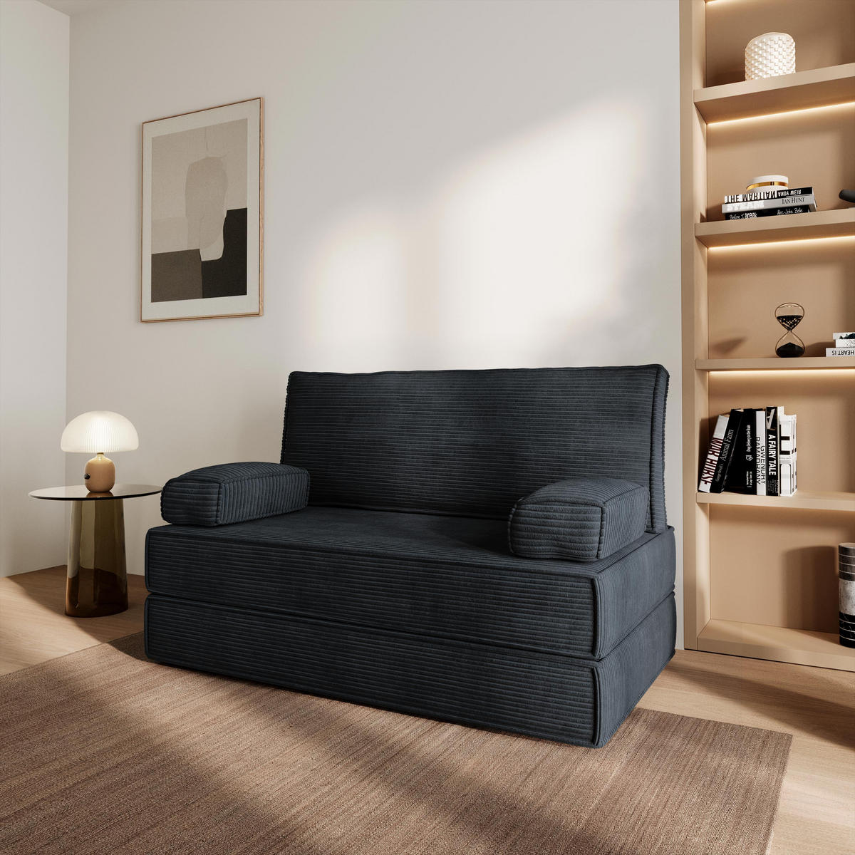 POHOVKA z pěny LADIA s funkcí spaní Manšestrová látka Černá - černá, textil (140/86/60cm) - MASSENO
