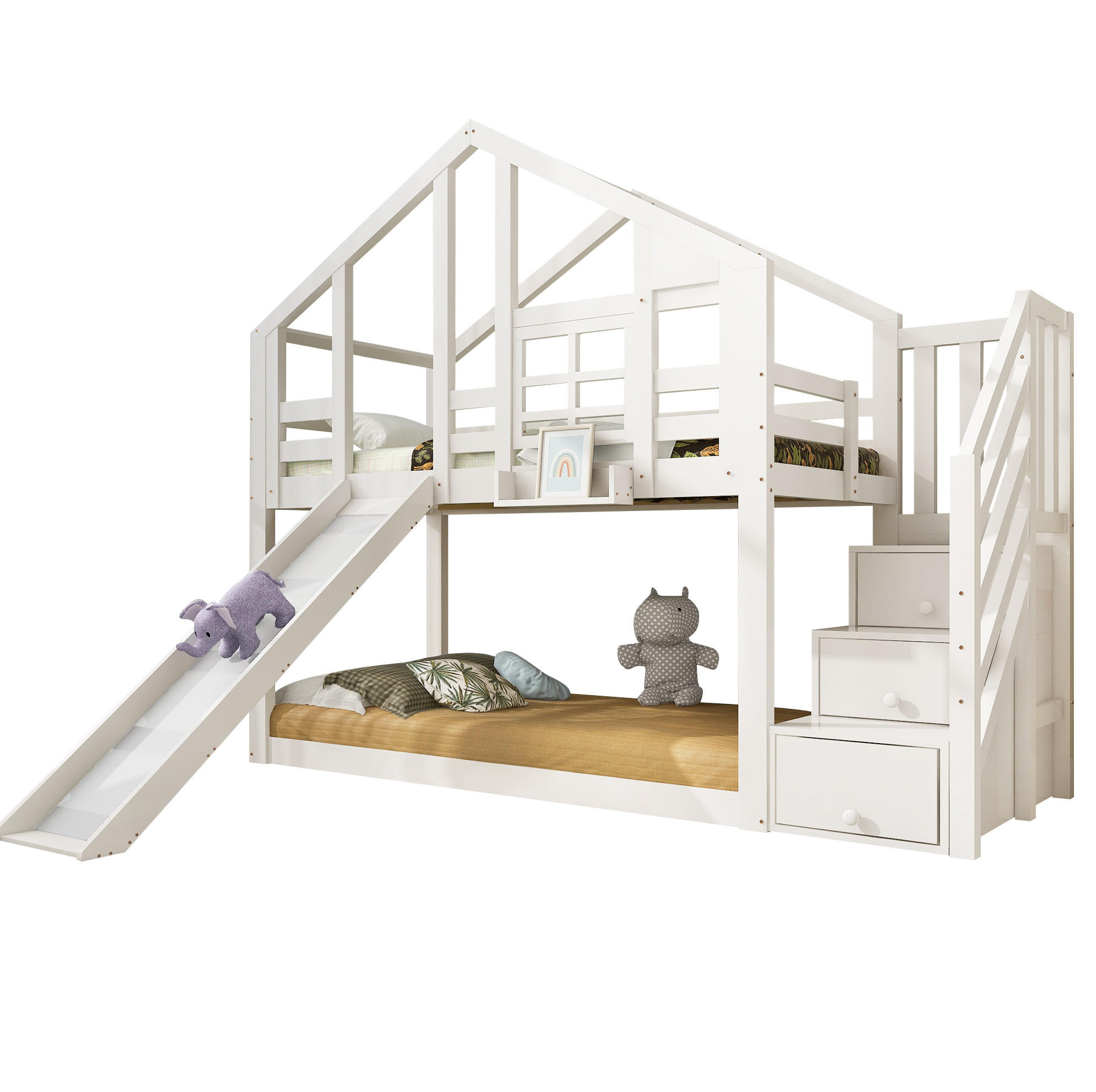 ETAGENBETT Baumhaus 90 x 200 cm Weiß mit Rutsche und Stauraum - Weiß, Holz (90/200cm) - MIVRAY
