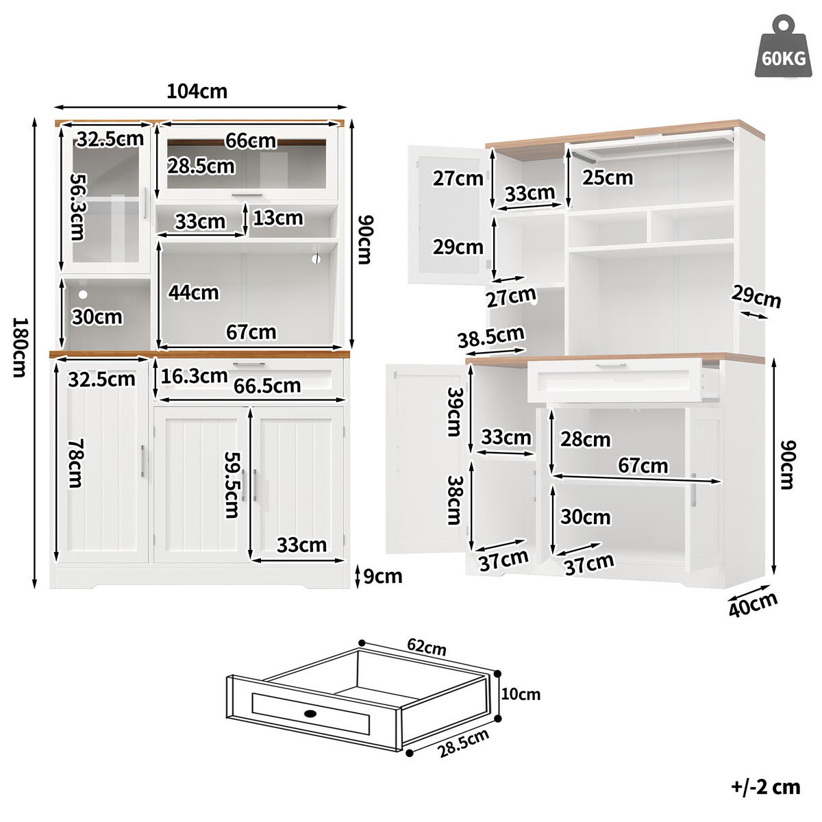 KÜCHENSCHRANK LED 104x40x180Cm Vitrine Weiß Schwarz - Weiß, Metall (104/180/40cm) - FLIEKS