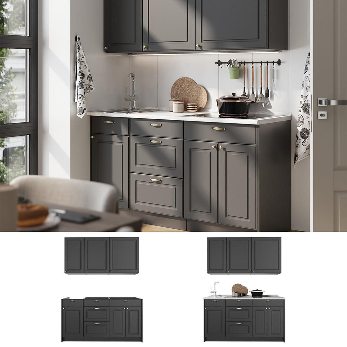 SINGLEKÜCHE Fame-Line, Anthrazit-Gold Landhaus/Anthrazit, 150 cm, AP Marmor - Anthrazit, Holzwerkstoff (150/82/60cm) - Vicco