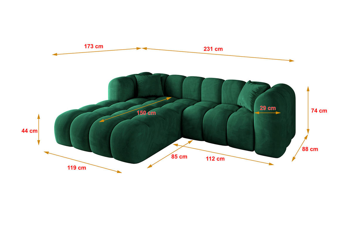 ECKSOFA Ottomane Links OLEA-L1 - 231x173x74 cm Dunkelgrün - Dunkelgrün/Schwarz, Holzwerkstoff/Kunststoff (231/173cm) - ALTDECOR