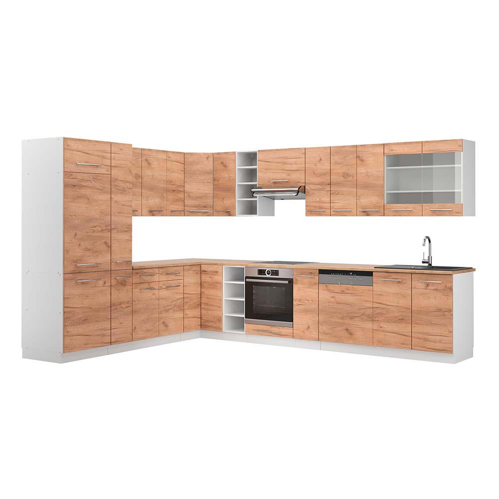 ECKKÜCHE Fame-Line Goldkraft Eiche/Weiß 347 x 257 cm, AP Eiche - Honigeiche/Eiche Wotan, Holzwerkstoff (347/81.6/60cm) - Vicco