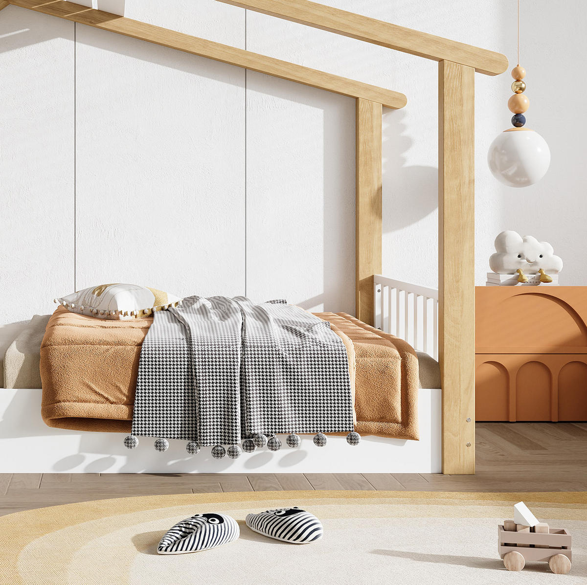 HAUSBETT aus Kiefer, Spanplatte und MDF 90x190 cm Weiß/Natur mit Lattenrost im Hausdesign - Weiß, Holzwerkstoff (90/200cm) - Modfu