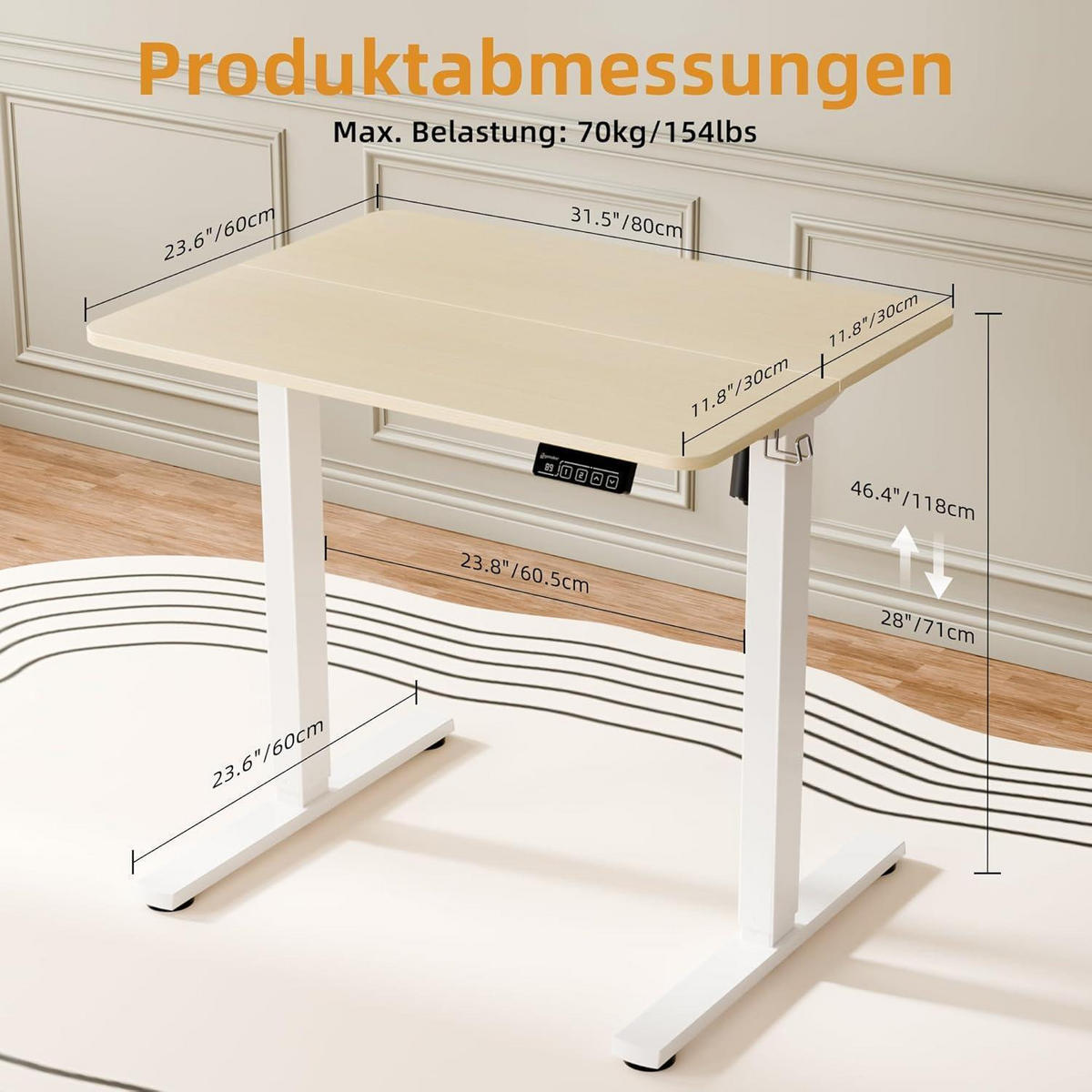 SCHREIBTISCH elektrisch höhenverstellbar 80 x 60 cm Eiche/Weiß - Multicolor, Holz (60/80/73cm)