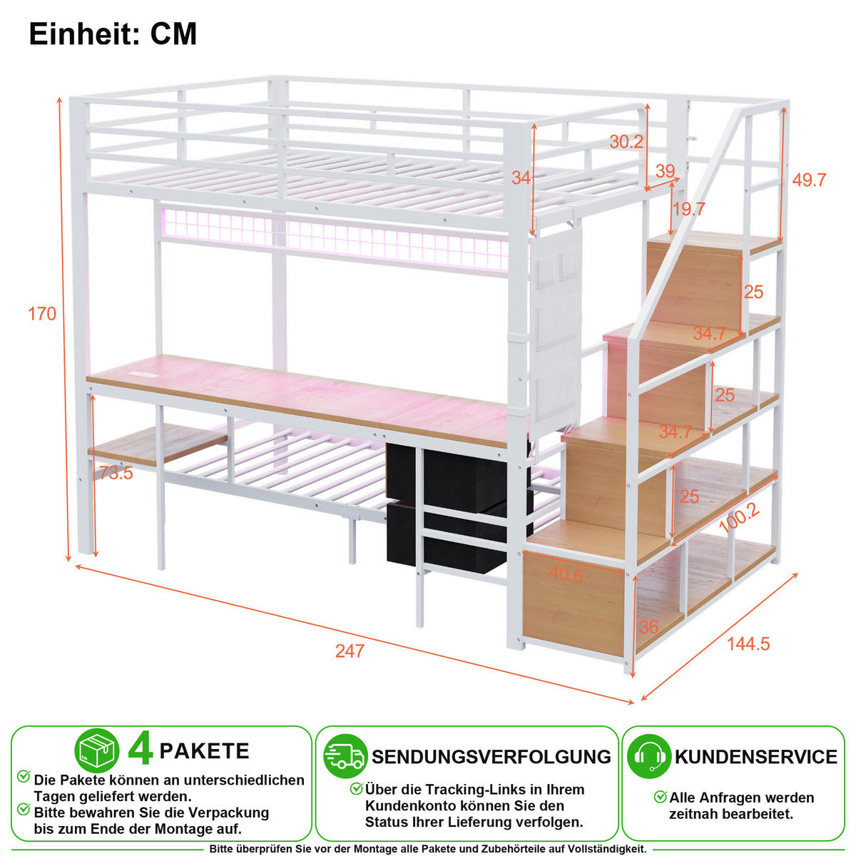 HOCHBETT 140/200 cm & 90/200 cm in Weiß mit Schreibtisch, LED, Steckdosen und Stauraum - Weiß, Holzwerkstoff/Metall (140/200cm) - CHICFURN