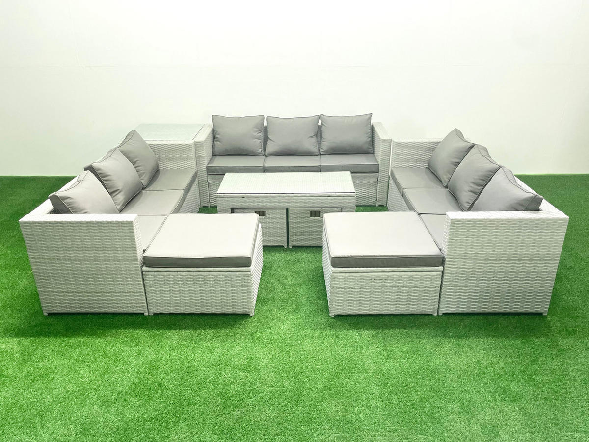 BALKONMÖBEL-SET Polyrattan Hellgrau-Mix 13-teilig - Hellgrau/Grau, Glas/Kunststoff - Fimous