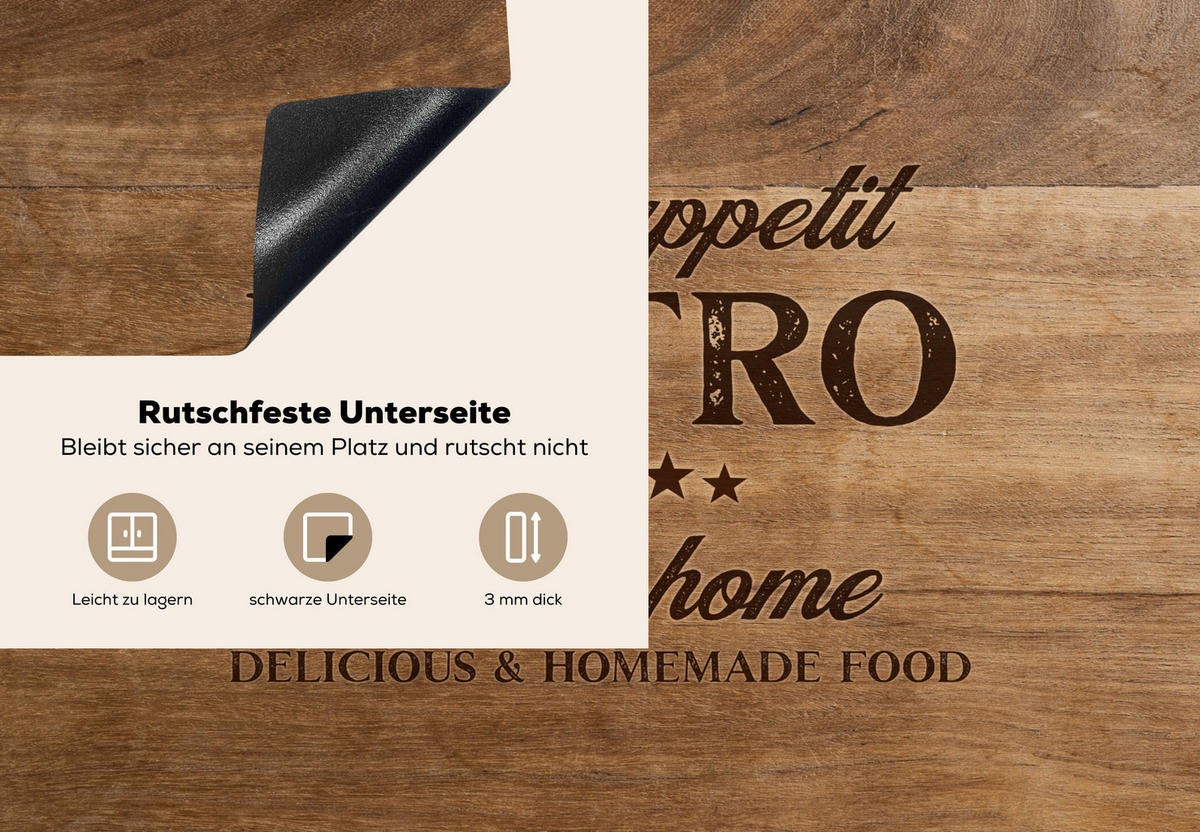 HERDABDECKPLATTE Zitat - Bistro - Guten Appetit - Süßes Zuhause - Holzmaserung 75x52 cm - Braun, Kunststoff (75/0.2/52cm) - MuchoWow