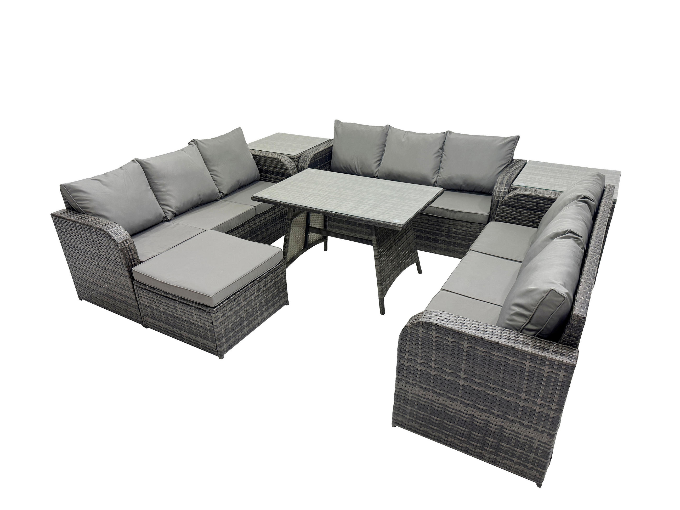 GARTENMÖBELSET mit ESSTISCH, 3-SITZER SOFA Polyrattan 10-Sitzer - Dunkelgrau/Grau, Glas/Kunststoff - Fimous
