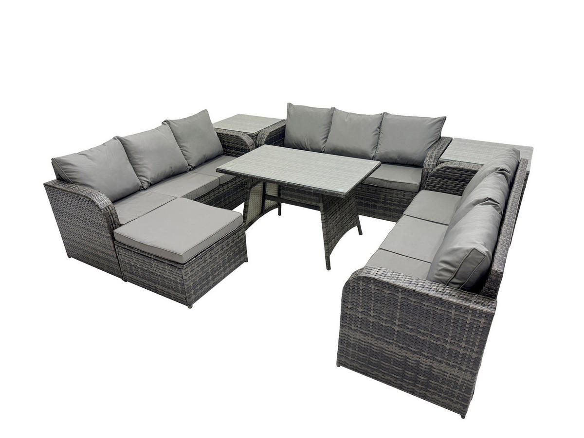 GARTENMÖBELSET mit ESSTISCH, 3-SITZER SOFA Polyrattan 10-Sitzer - Dunkelgrau/Grau, Glas/Kunststoff - Fimous