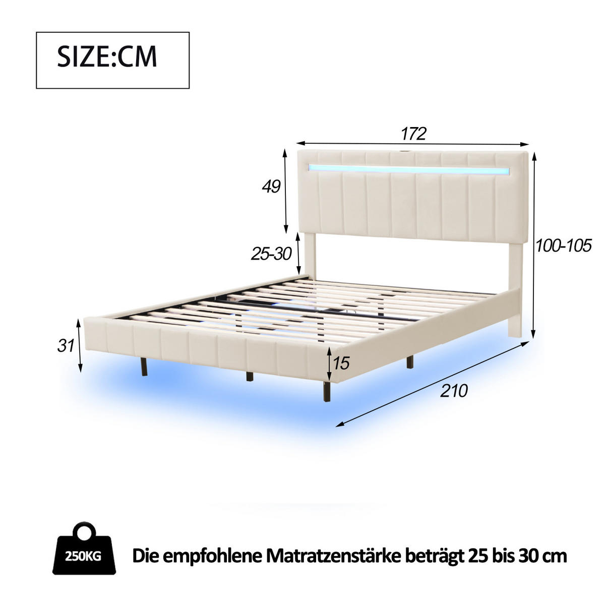 POLSTERBETT 160x200 cm Schwebebett mit LED, USB & Kopfteil, Leinen beige - Beige, Holz (160/200cm)