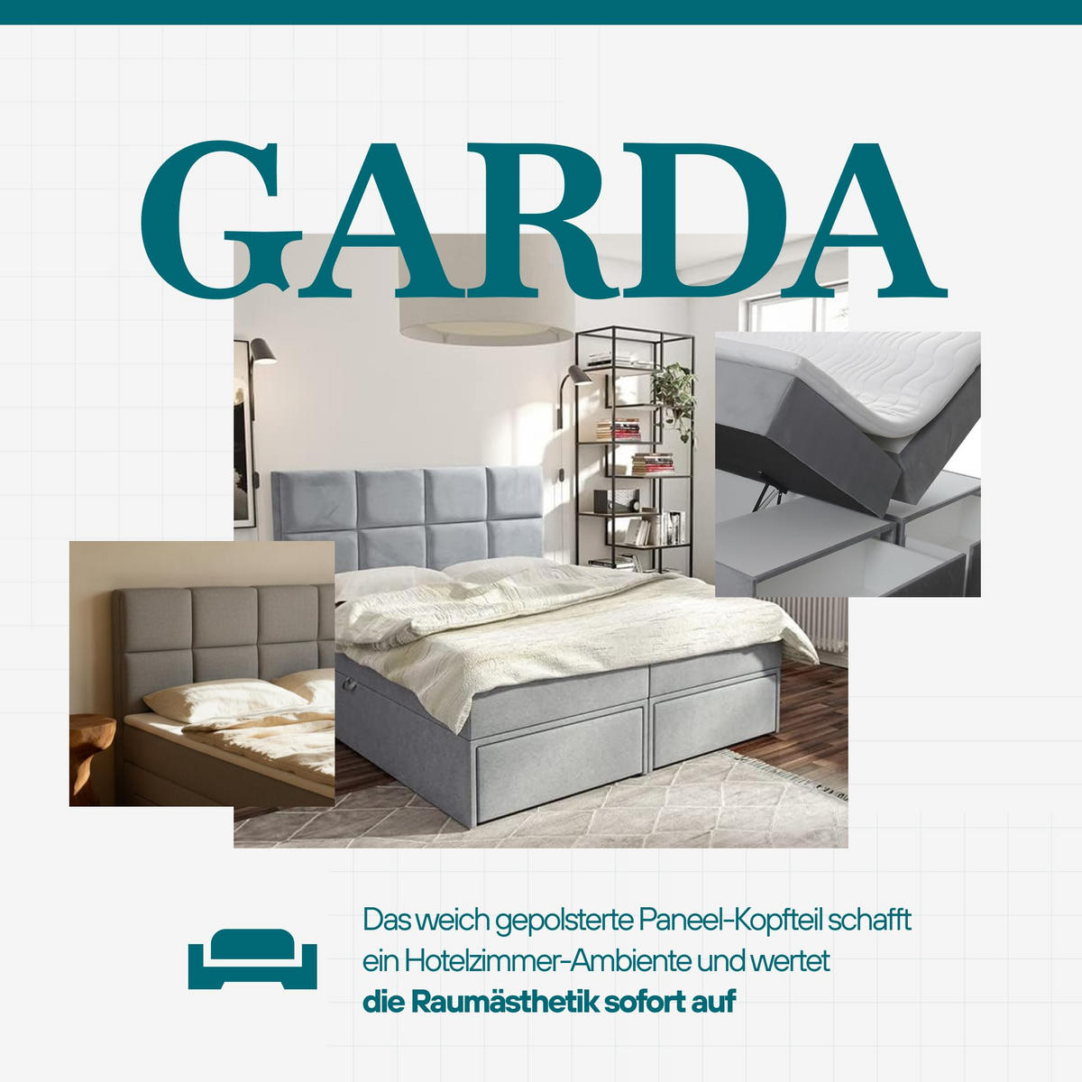 BOXBETT 140x200 cm, GARDA, Bettkasten und Taschenmatratze, Elegant Topper und Schubladen, Dunkelgrau - Dunkelgrau, Holzwerkstoff/Kunststoff (140/200cm) - Trada
