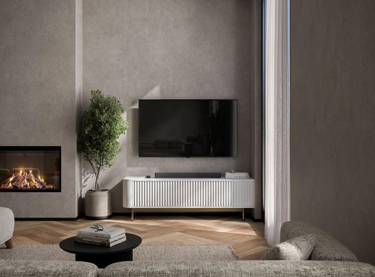 TV stolek Aurora bílý matný 140 cm se zlatým kovovým rámem - bílá/zlatá, kov/kompozitní dřevo (140/44/35cm) - Meble Lindner