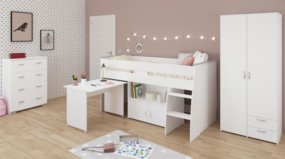 KINDERZIMMER weiß, Komplett-Set 3-teilig mit Stauraumbett, Kleiderschrank, Kommode - Silberfarben/Weiß, Holzwerkstoff/Kunststoff (115/185/204cm) - Parisot Meuble