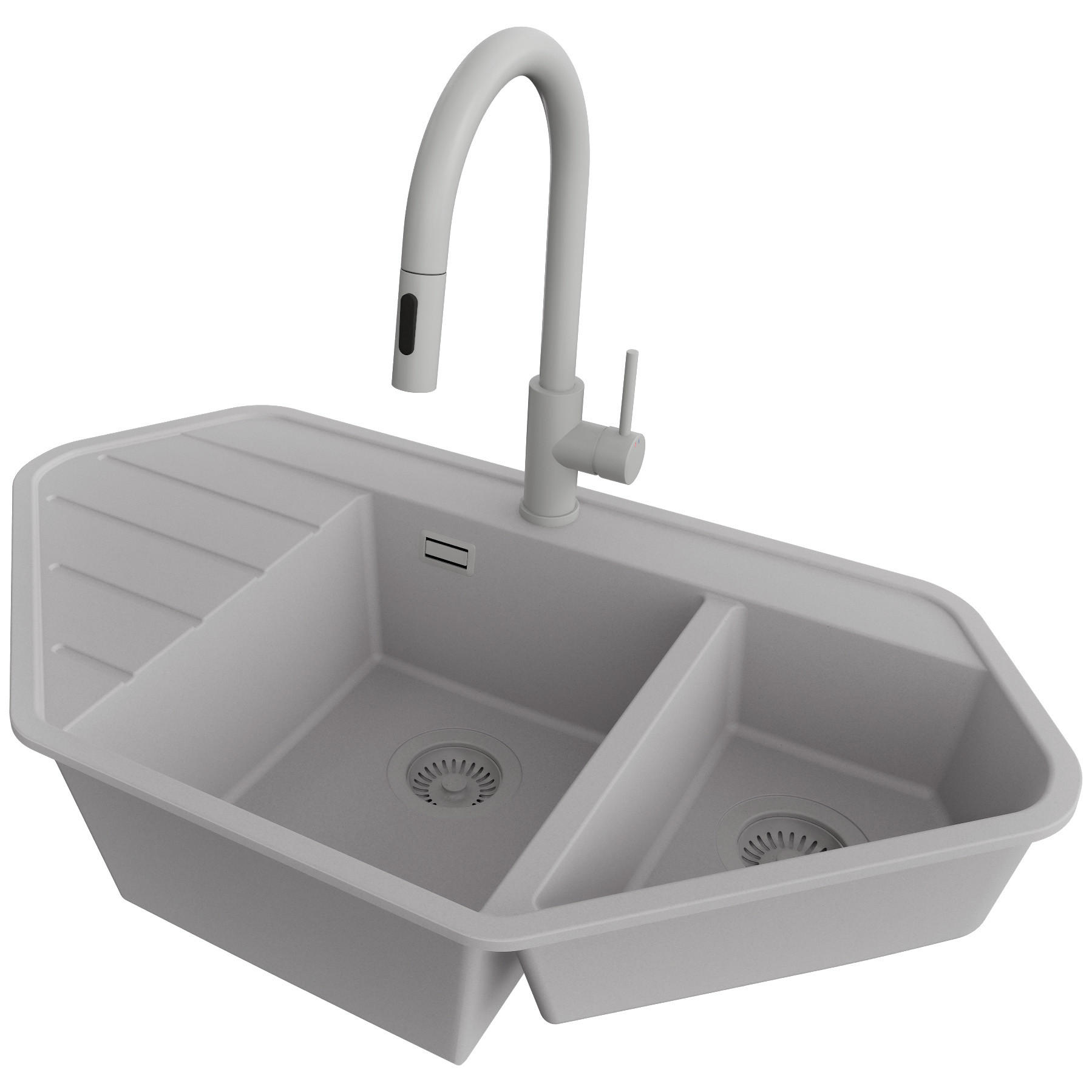 GRANITSPÜLE Kopenhagen Corner, 2-er set Grau 90/50 cm 1,5 Becken + Küchenarmatur 40/20 cm + Ablauf-Set ab 70er Unterschrank - Grau, Kunststoff (90/18/50cm) - Primagran