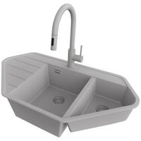GRANITSPÜLE Kopenhagen Corner, 2-er set Grau 90/50 cm 1,5 Becken + Küchenarmatur 40/20 cm + Ablauf-Set ab 70er Unterschrank - Grau, Kunststoff (90/18/50cm) - Primagran