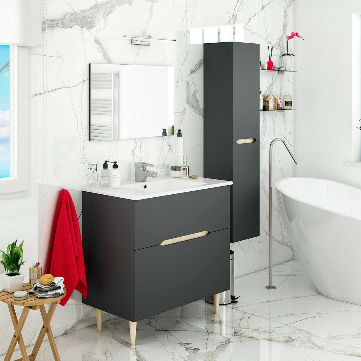 BADEZIMMERMÖBEL Anthrazit, Eiche 45/80/80 cm - Schwarz, Holzwerkstoff (80/80/45cm) - DMORA