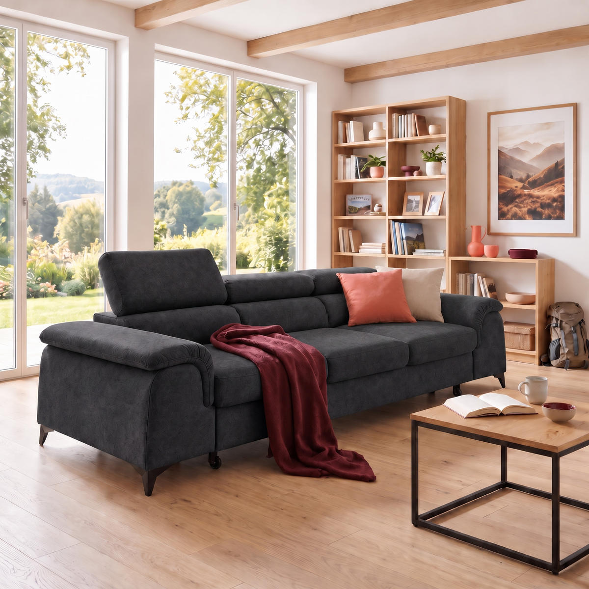 3-SITZER Sofa PLAZA mit Schlaffunktion 127x195 Velours Dunkelgrau - Dunkelgrau/Schwarz, Holz/Textil (260/90/100cm) - Muffo