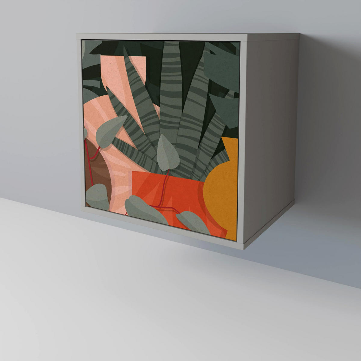 SIDEBOARD TROPICAL COMPOSITION, Grau, 57,5x42x67,5 cm, Schwarze Metall-Rahmenfüße - Multicolor/Schwarz, Holzwerkstoff/Metall (57.5/67.5/42cm) - SpaceRebels