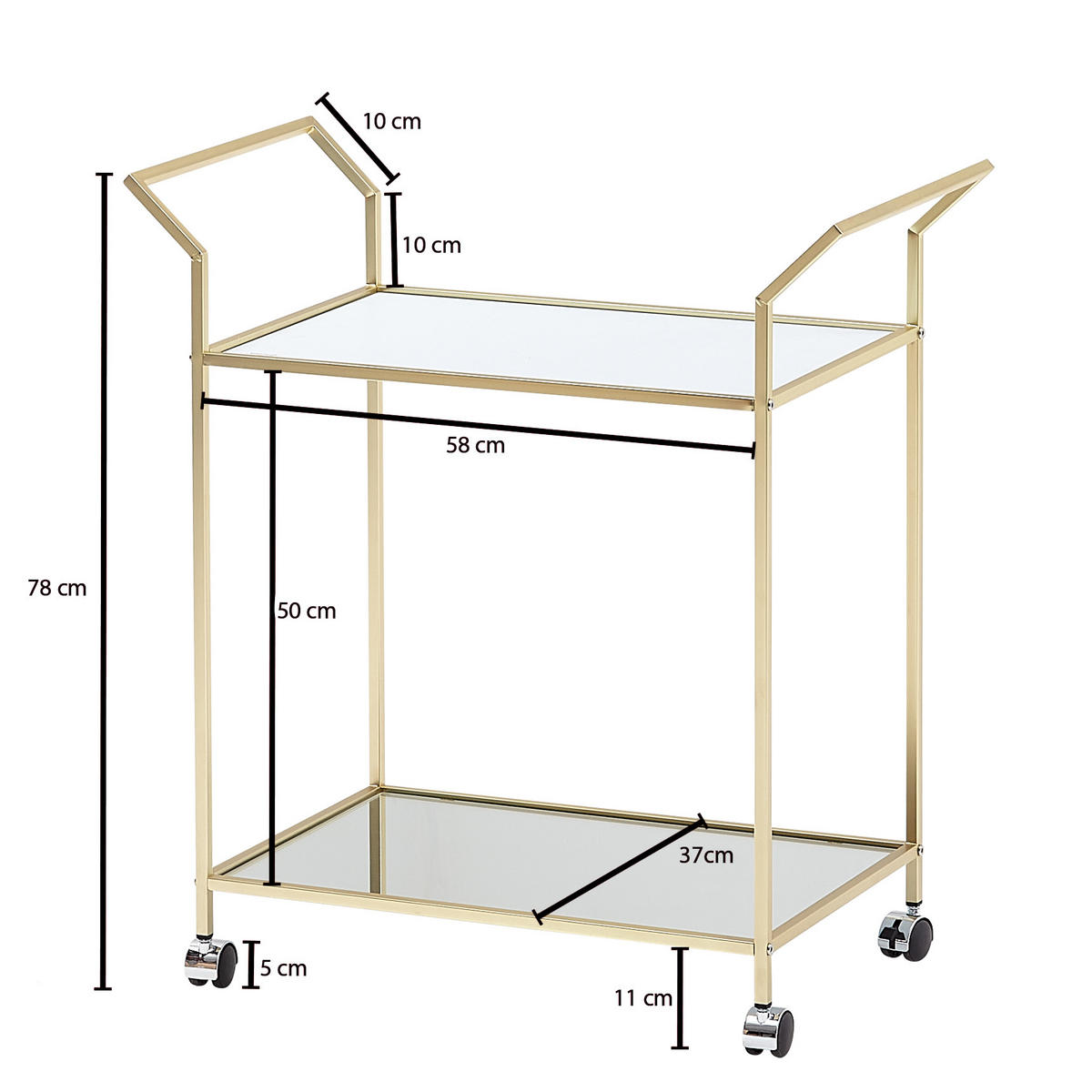 SERVIERWAGEN – Gold, Verspiegelte Ablagen, auf Rollen - Goldfarben, Glas/Metall (73/78/37cm) - KADIMA DESIGN