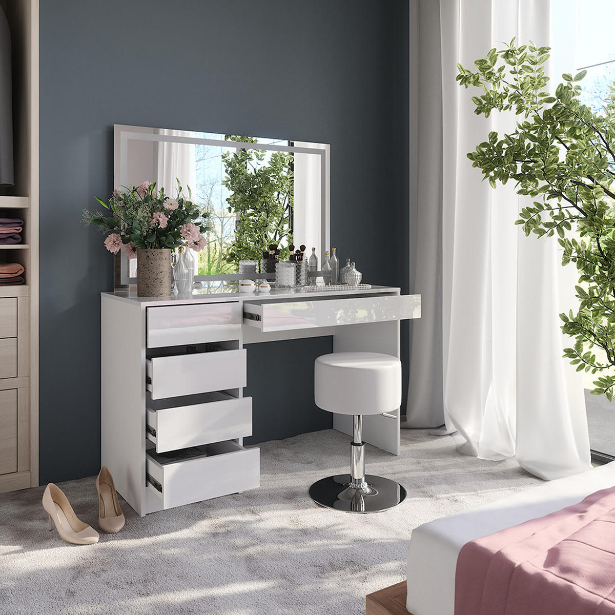 SCHMINKTISCH Sherry Weiß/Weiß Hochglanz 119.8 cm mit LED-Spiegel und Hocker - Weiß Hochglanz, Holzwerkstoff (119.8/76/50.1cm) - Vicco